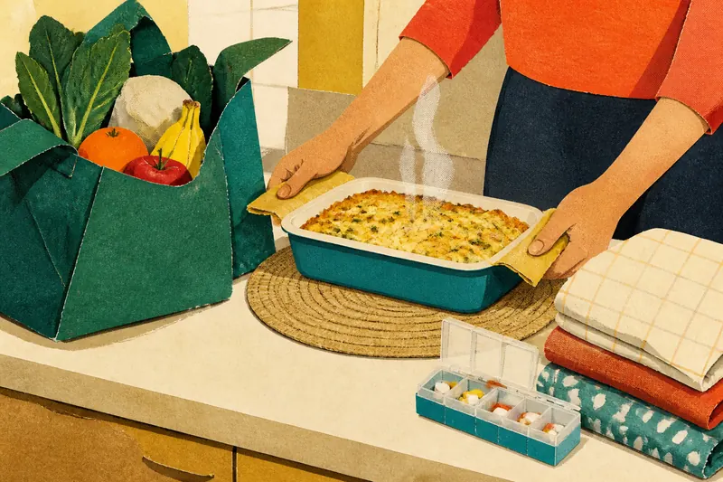 A paper-collage still: hands set down a steaming casserole beside a bag of groceries, folded towels and a pill organizer.