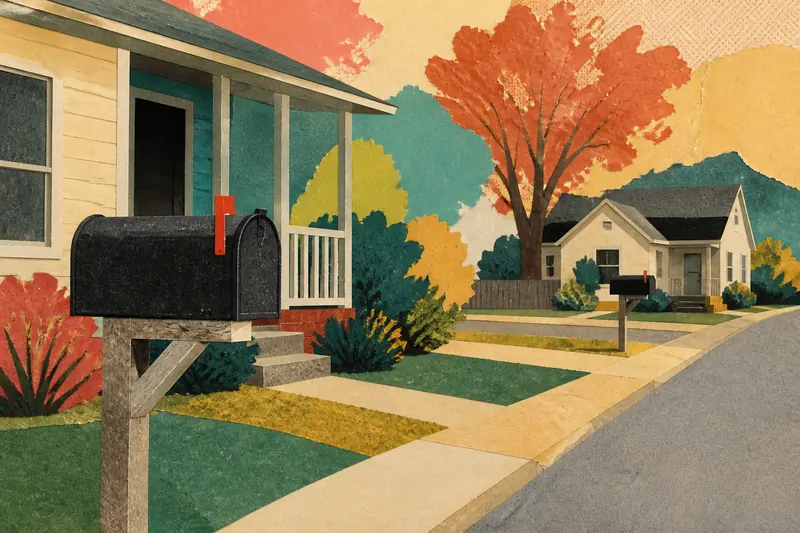 A paper-collage still: a black mailbox in front of a pale yellow house on a quiet autumn street.