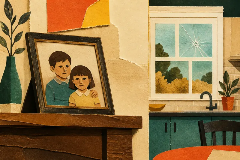 A paper-collage still: a framed childhood photo of a brother and sister on a wooden mantel, beside a kitchen window with a cracked pane.