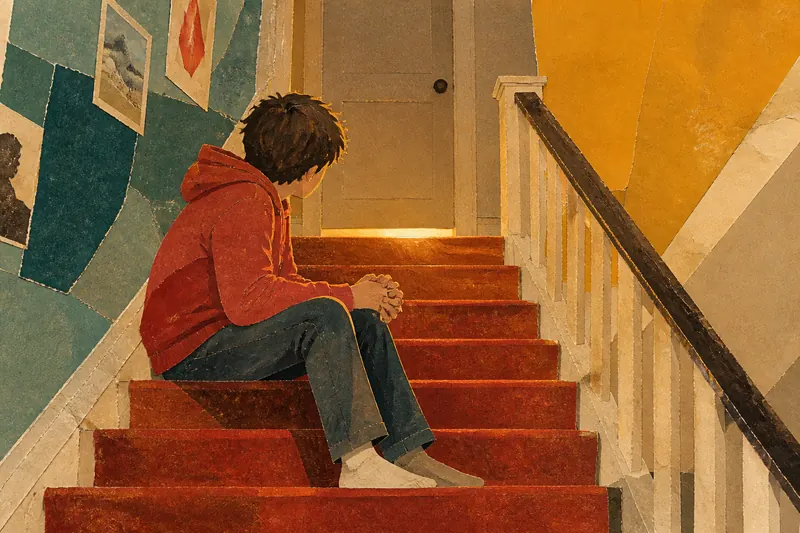 A paper-collage still: a boy in a red hoodie sits on a red-carpeted staircase, looking up at a closed door with light beneath it.
