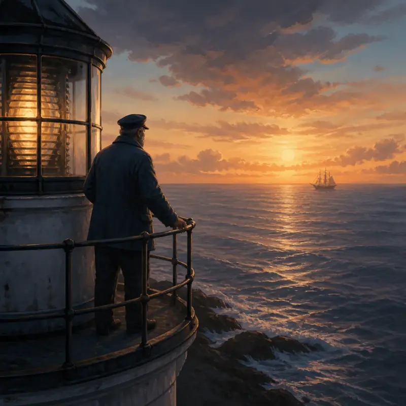 A lighthouse keeper at the rail watches a sailing ship on a glowing sunset sea, painted with soft, atmospheric light.