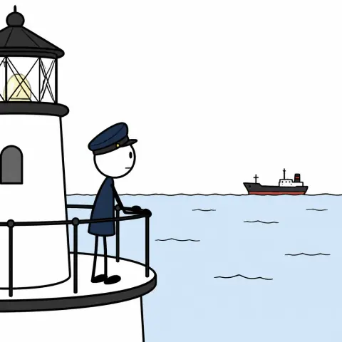 The same scene as a simple stick-figure drawing: a keeper in a cap beside the lighthouse lamp and a ship on pale blue water.