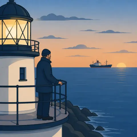 The same scene in clean, flat vector shapes: a keeper in navy, a cargo ship and a pale sunset.