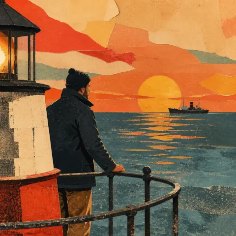 The same lighthouse keeper and ship as a collage of torn paper in bold orange, red and teal, with printed textures.