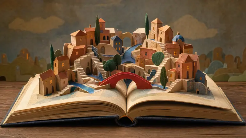 A handmade miniature set: a paper city of terracotta houses, card staircases and blue paper canals unfolds from an open book on a wooden table, a red paper bridge across the crease.