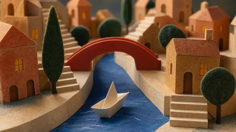 At canal level in the paper city, a tiny folded-paper boat drifts along a blue paper canal toward the red bridge.