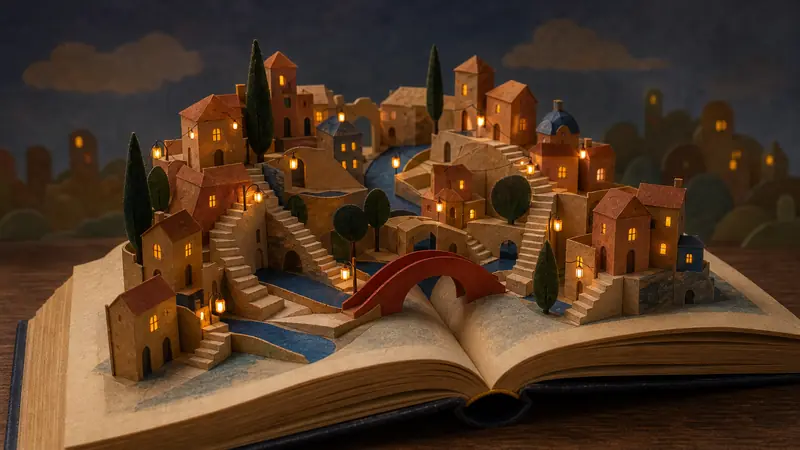 Evening in the paper city: amber windows glow in the card houses and tiny paper lanterns hang along the staircases.