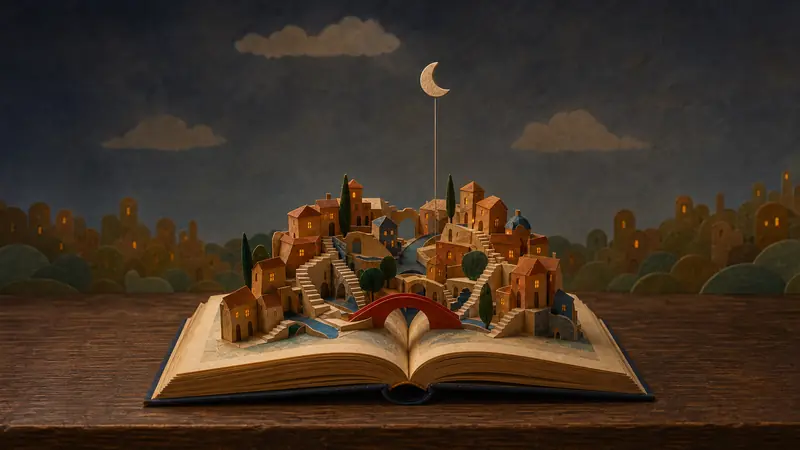 A small paper moon on a thin wire rises above the book's paper city on the dark wooden table.