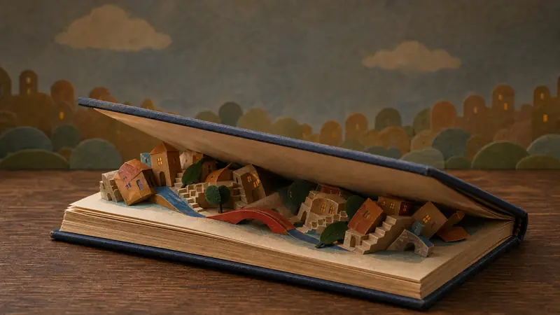 The book closes, its pages tilting inward as the paper houses, stairs and red bridge fold down flat.