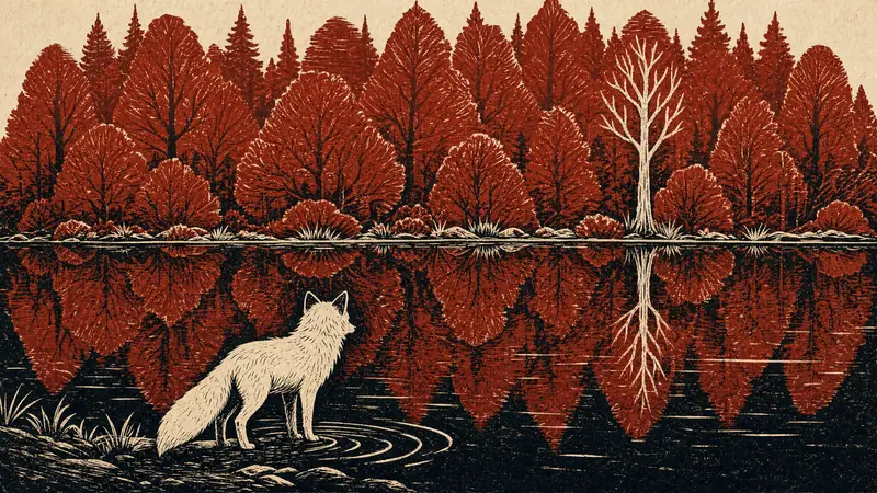A linocut print in brick red, cream and black: a small white fox at the edge of a still black lake, facing a forest of red autumn trees reflected in the water.