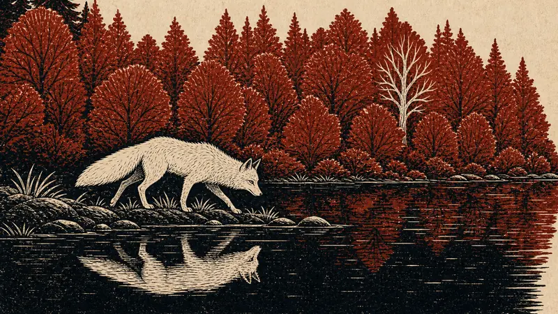 The white fox walks along the lake's edge, seen side-on, its reflection beneath it and the red trees rising behind.