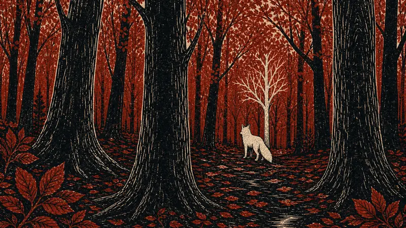 The white fox steps between tall brick-red trees with black trunks, fallen red leaves on the dark ground.