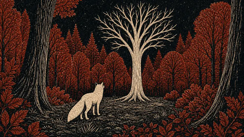 In a clearing, the white fox looks up at a tall pale tree whose bare cream limbs spread against a dark sky.