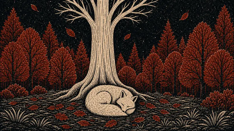 The white fox sleeps curled at the base of the pale tree as a few red leaves drift down around it.
