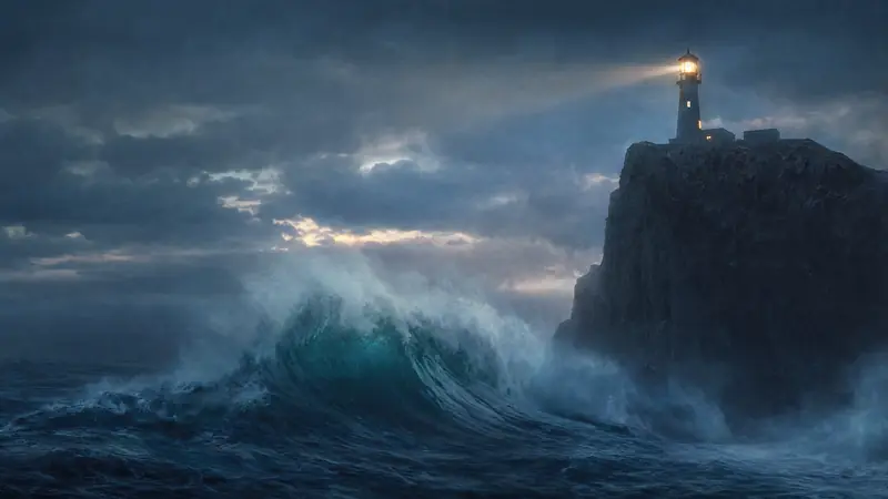 A lighthouse on a sheer black cliff at blue hour, its lamp glowing amber, as an immense teal wave rises toward the rocks below.