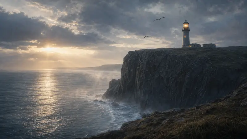 Dawn after the storm: the lighthouse on its black cliff in pale gold light above a calm silver-blue sea, mist lifting and gulls in the sky.