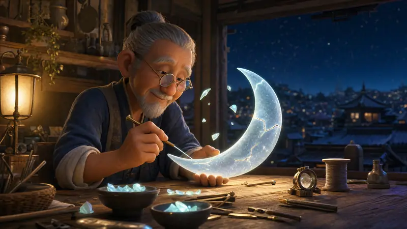In a tiny rooftop workshop at night, an elderly craftsperson in round spectacles mends a glowing crescent moon above his workbench, a sleeping city beyond the window.