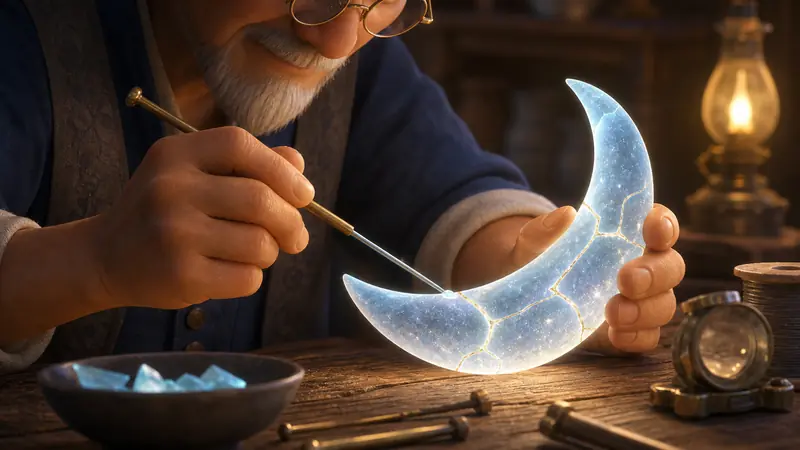 Close-up of the craftsperson's hands pressing the last glowing fragment into the crescent moon with a fine brass tool, the crack sealing with a line of gold.