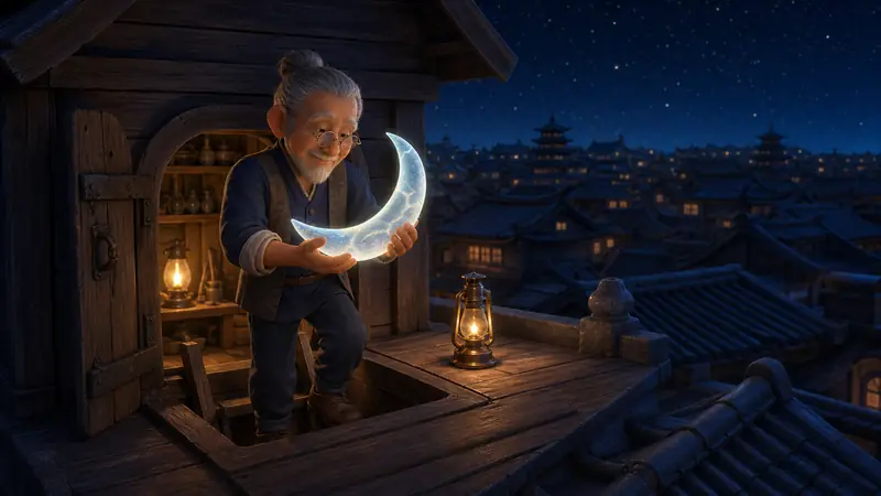 The craftsperson climbs a ladder through a hatch onto the rooftop, carrying the mended crescent moon in both arms above the sleeping city.