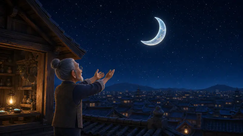 Seen from behind on the rooftop, the craftsperson lets the mended moon float up into the indigo night sky, arms still raised.