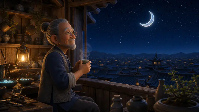 The mended moon hangs high over the city's rooftops while the craftsperson sits at the workshop window with a cup of tea, looking up at it.