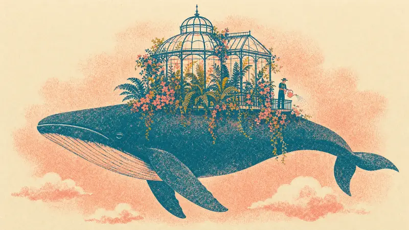 A risograph print in teal and coral: an enormous whale swims across an apricot sky carrying an overgrown glasshouse, a tiny gardener watering plants on its balcony.