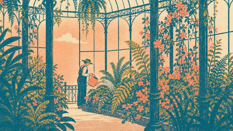 Inside the glasshouse, the gardener in a brimmed hat waters ferns and flowering vines between iron pillars, the sky visible through the panes.