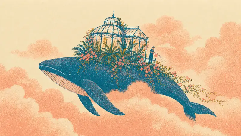 The whale dips down through a bank of coral clouds, vines trailing behind the glasshouse.