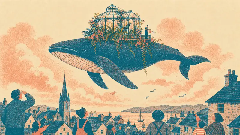 Seen from below, the whale glides over a small coastal town with teal rooftops and a church spire as tiny townspeople point up at it.