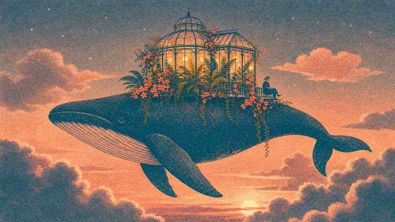At dusk the whale rests among layered clouds, the glasshouse glowing with small lanterns and the gardener sitting on the balcony.