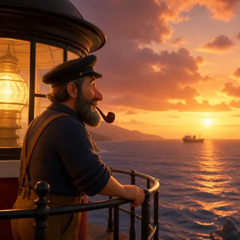 A lighthouse keeper at the gallery rail watching a ship pass at sunset, in the 3D Animated Feature Visual Style.