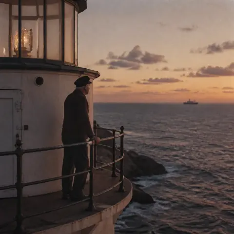 A lighthouse keeper at the gallery rail watching a ship pass at sunset, in the Archival Film Still Visual Style.