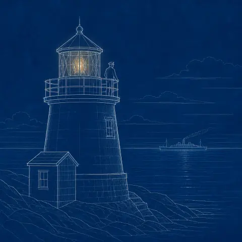 A lighthouse keeper at the gallery rail watching a ship pass at sunset, in the Blueprint Technical Drawing Visual Style.