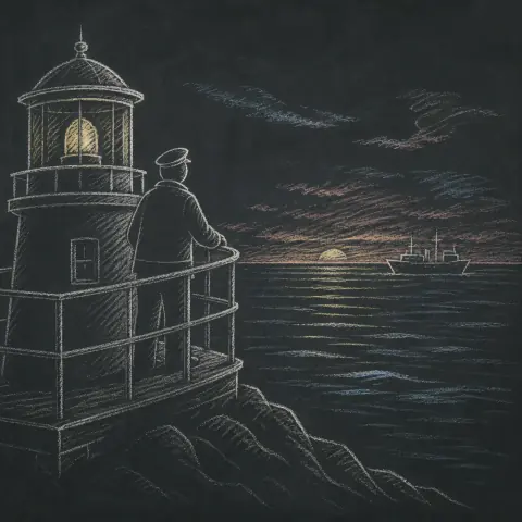 A lighthouse keeper at the gallery rail watching a ship pass at sunset, in the Chalkboard Lecture Visual Style.