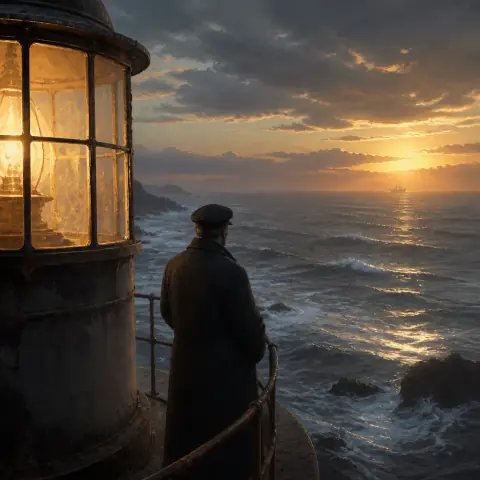 A lighthouse keeper at the gallery rail watching a ship pass at sunset, in the Cinematic Concept Art Visual Style.