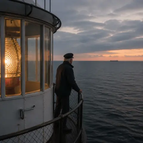 A lighthouse keeper at the gallery rail watching a ship pass at sunset, in the Cinematic Documentary Photograph Visual Style.