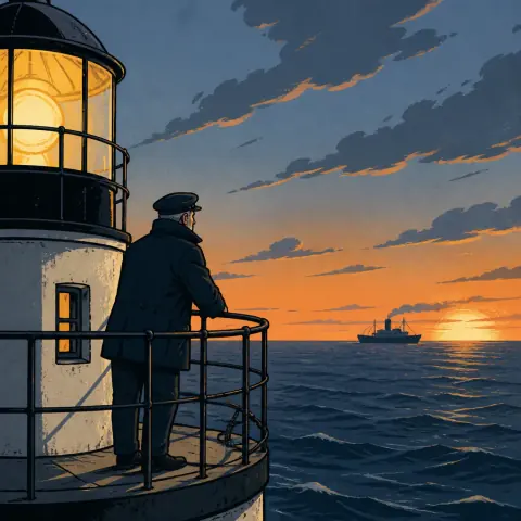 A lighthouse keeper at the gallery rail watching a ship pass at sunset, in the Hand-Drawn Editorial Explainer Visual Style.