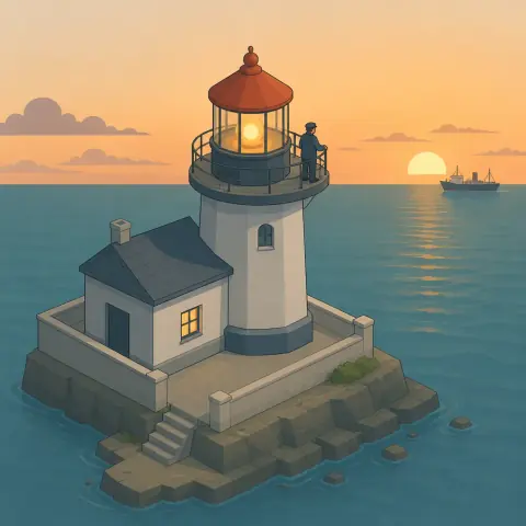 A lighthouse keeper at the gallery rail watching a ship pass at sunset, in the Isometric Cutaway Visual Style.