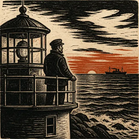 A lighthouse keeper at the gallery rail watching a ship pass at sunset, in the Linocut Print Visual Style.
