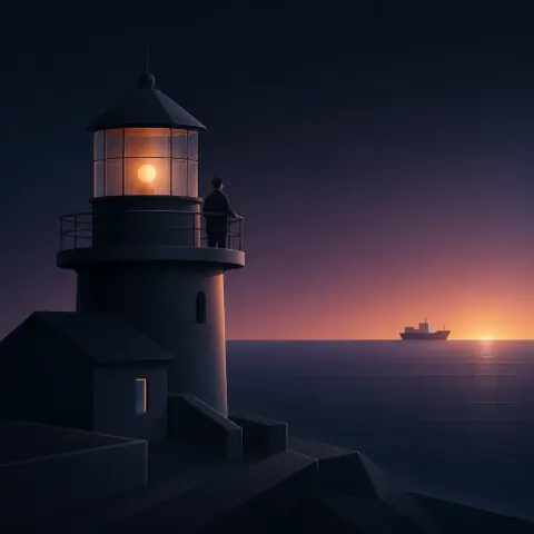 A lighthouse keeper at the gallery rail watching a ship pass at sunset, in the Luminous Dark Tech Visual Style.