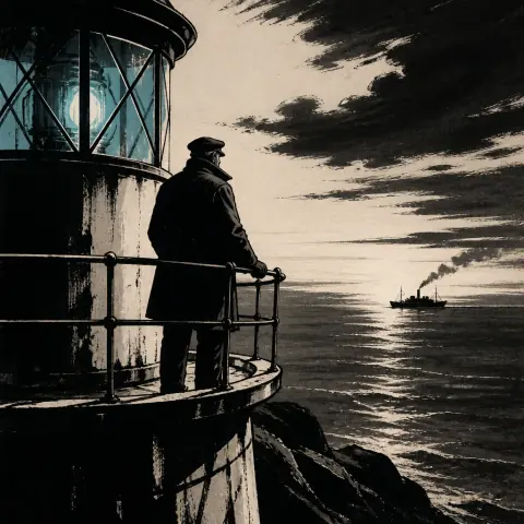 A lighthouse keeper at the gallery rail watching a ship pass at sunset, in the Noir Graphic Novel Visual Style.