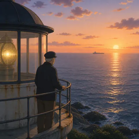 A lighthouse keeper at the gallery rail watching a ship pass at sunset, in the Painted Anime Film Visual Style.