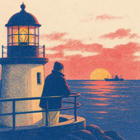 A lighthouse keeper at the gallery rail watching a ship pass at sunset, in the Risograph Print Visual Style.