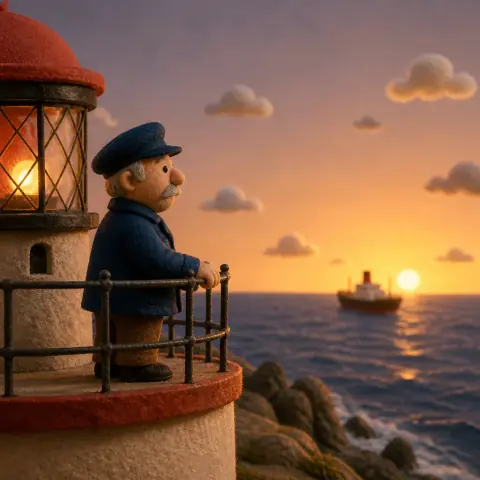 A lighthouse keeper at the gallery rail watching a ship pass at sunset, in the Stop-Motion Miniature Visual Style.