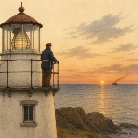 A lighthouse keeper at the gallery rail watching a ship pass at sunset, in the Vintage Field Guide Visual Style.