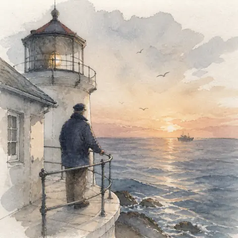 A lighthouse keeper at the gallery rail watching a ship pass at sunset, in the Watercolour Storybook Visual Style.